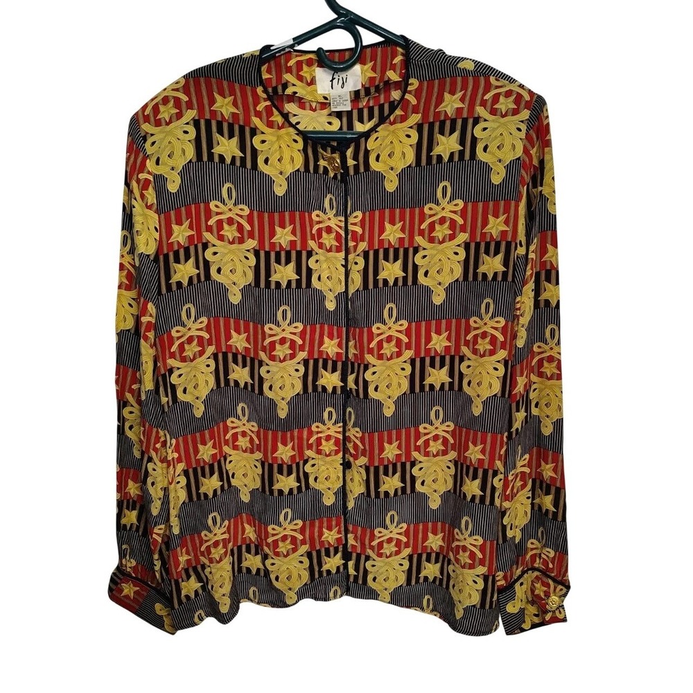Fiji‎ 100% Silk XL Blouse Gold Buttons Stars Rope Nautical Stripes